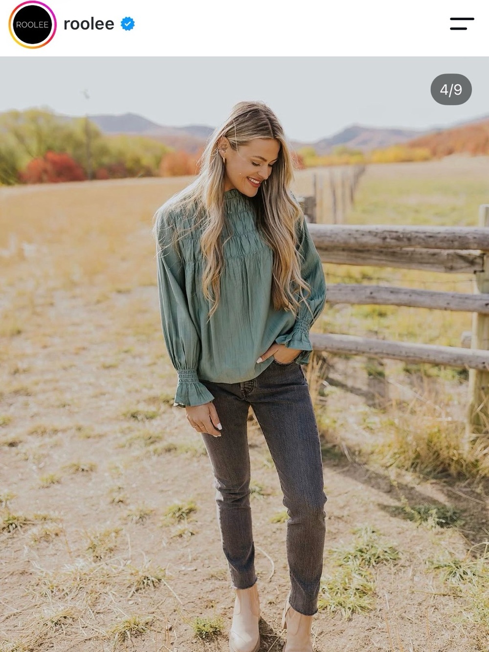 Roolee Sage Green Smocked Yoke Long-Sleeve Blouse